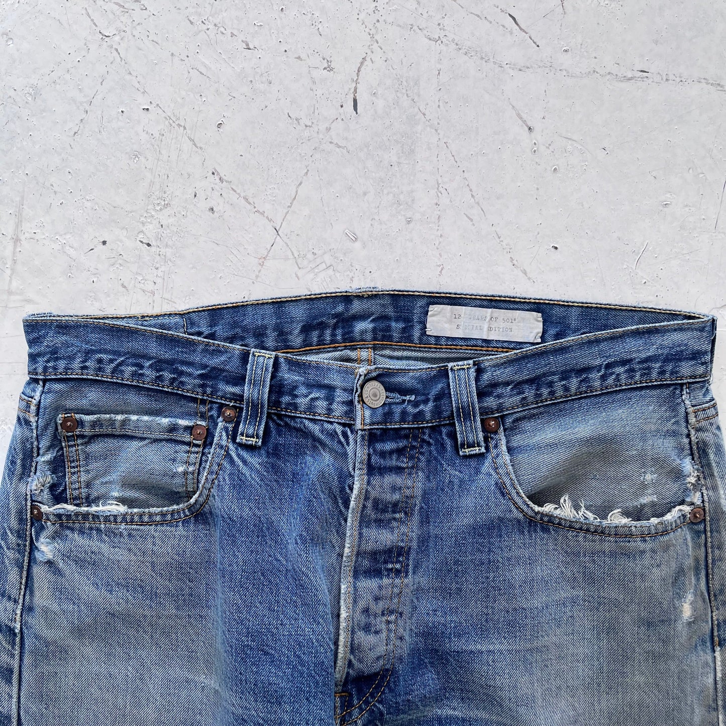 2000s levis 501 limited edition red line selvedge distressed jeans | Blue, Red