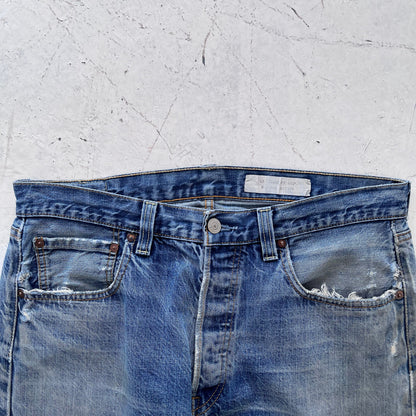 2000s levis 501 limited edition red line selvedge distressed jeans | Blue, Red