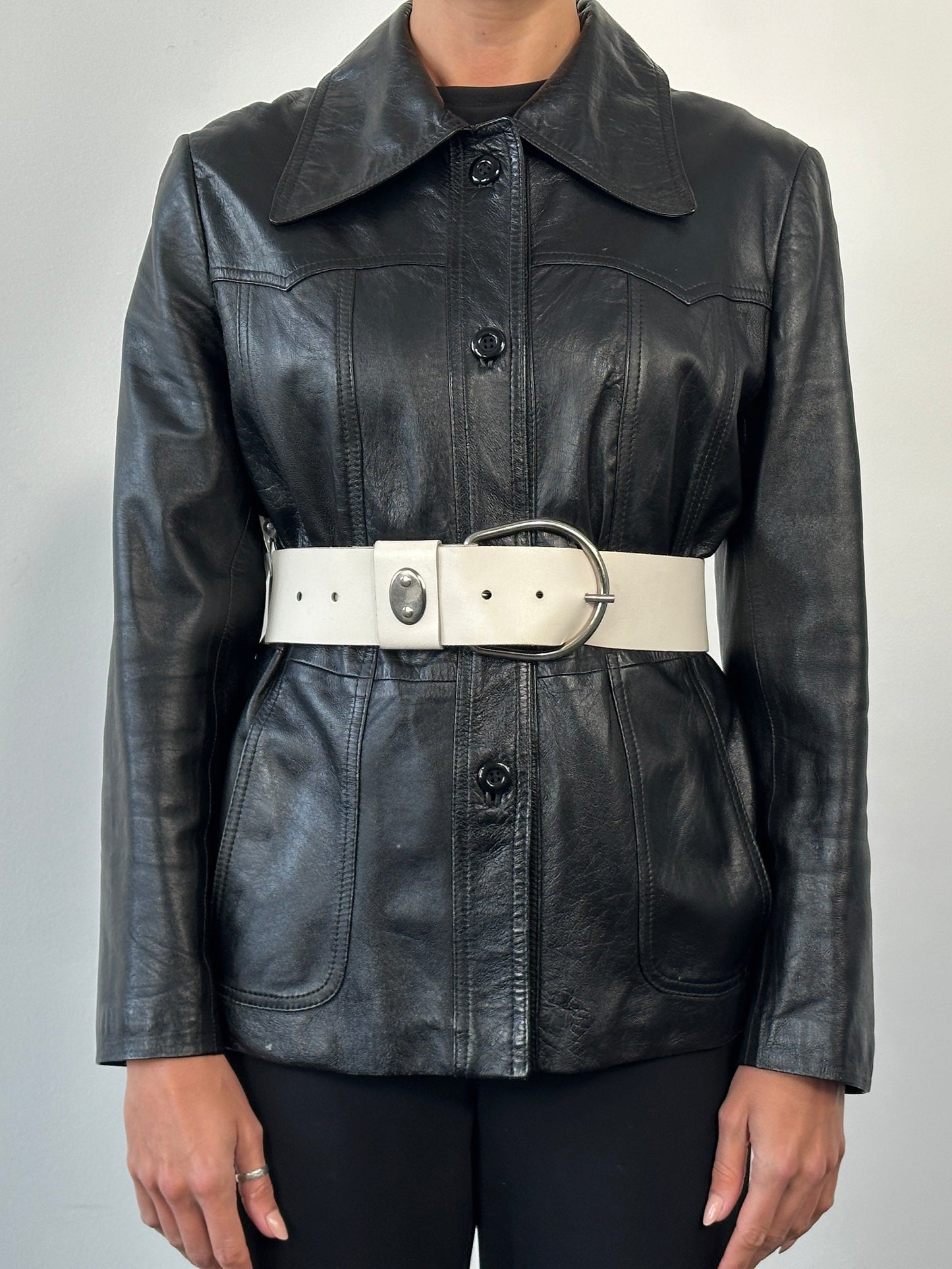 Vintage 1990s Chrome Chunky Leather Belt - W27-34