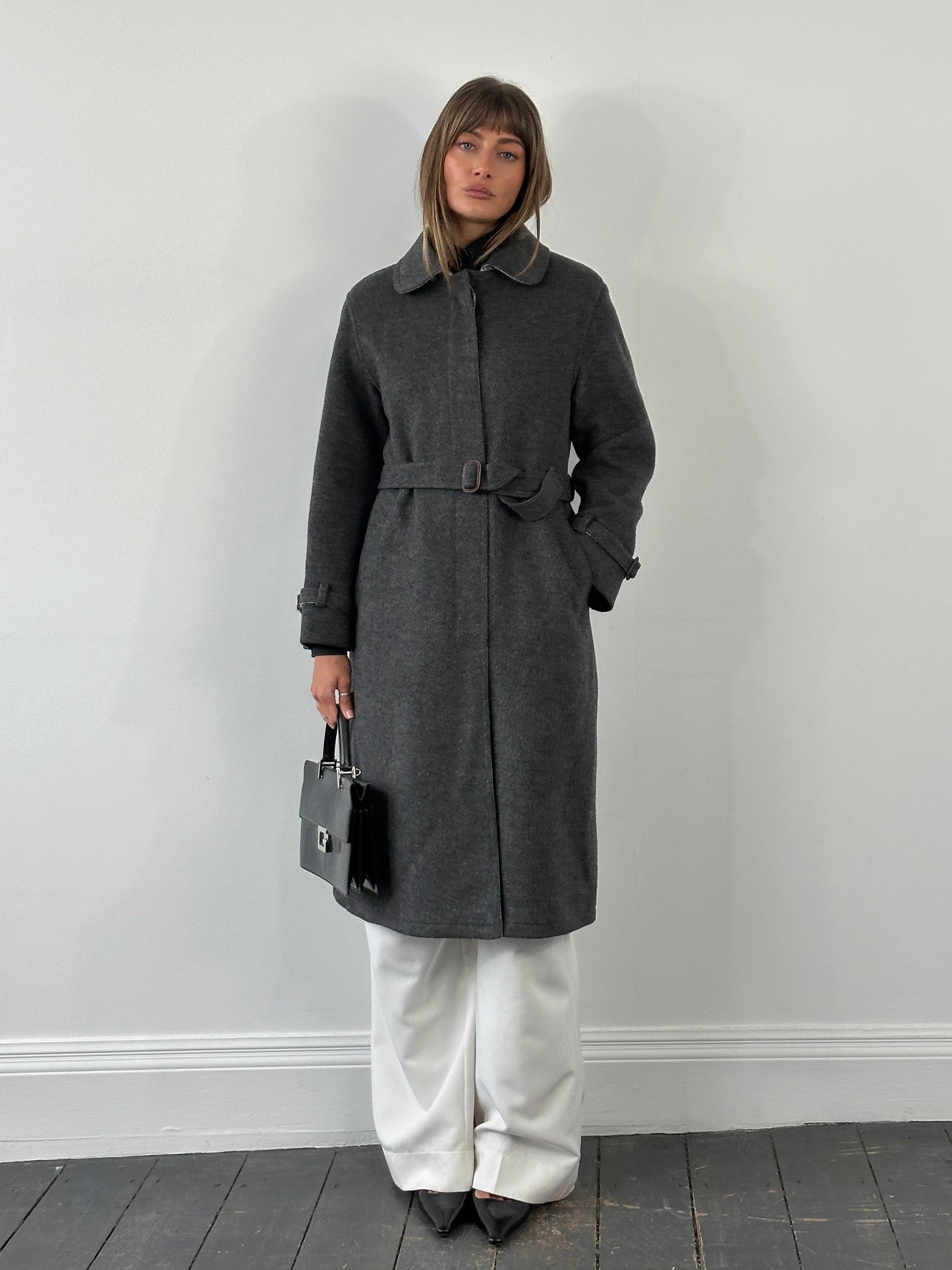 Vintage 1980s Wool Belted Concelled Placket Coat - S/M