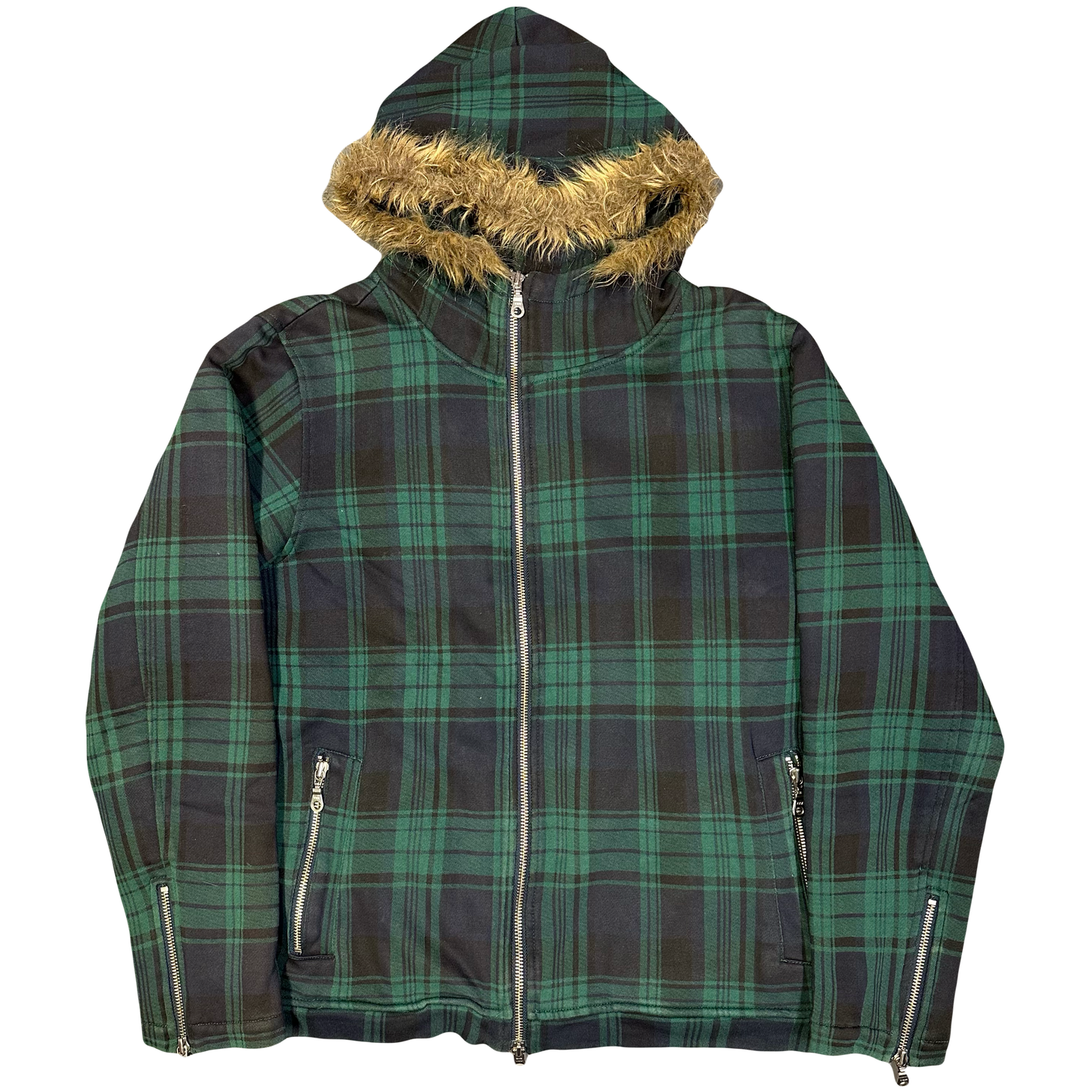 Takeo Kikuchi Plaid Hoodie In Green With Fur Hood  ( L )