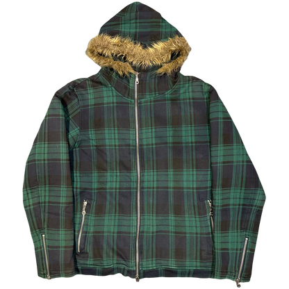 Takeo Kikuchi Plaid Hoodie In Green With Fur Hood  ( L )