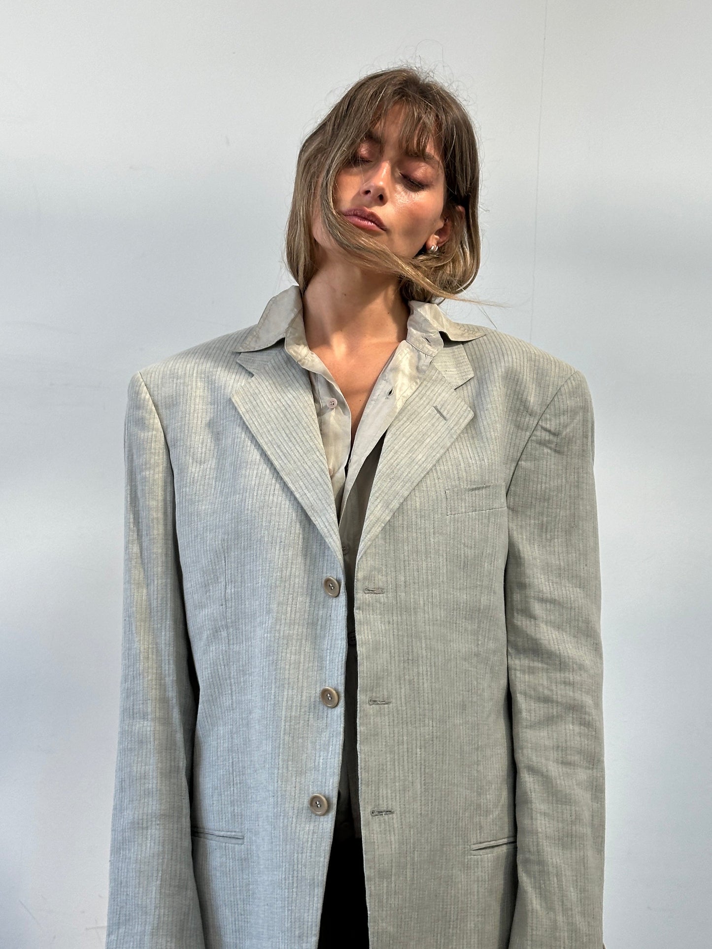 Armani Collezioni Striped Linen Cotton Relaxed Blazer - 42R/XL