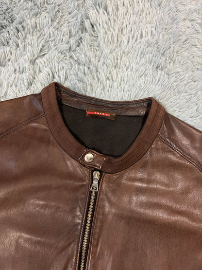 Prada Sport 2004 Brown Leather + Cotton Panelled Biker Jacket - L | O/S, Brown