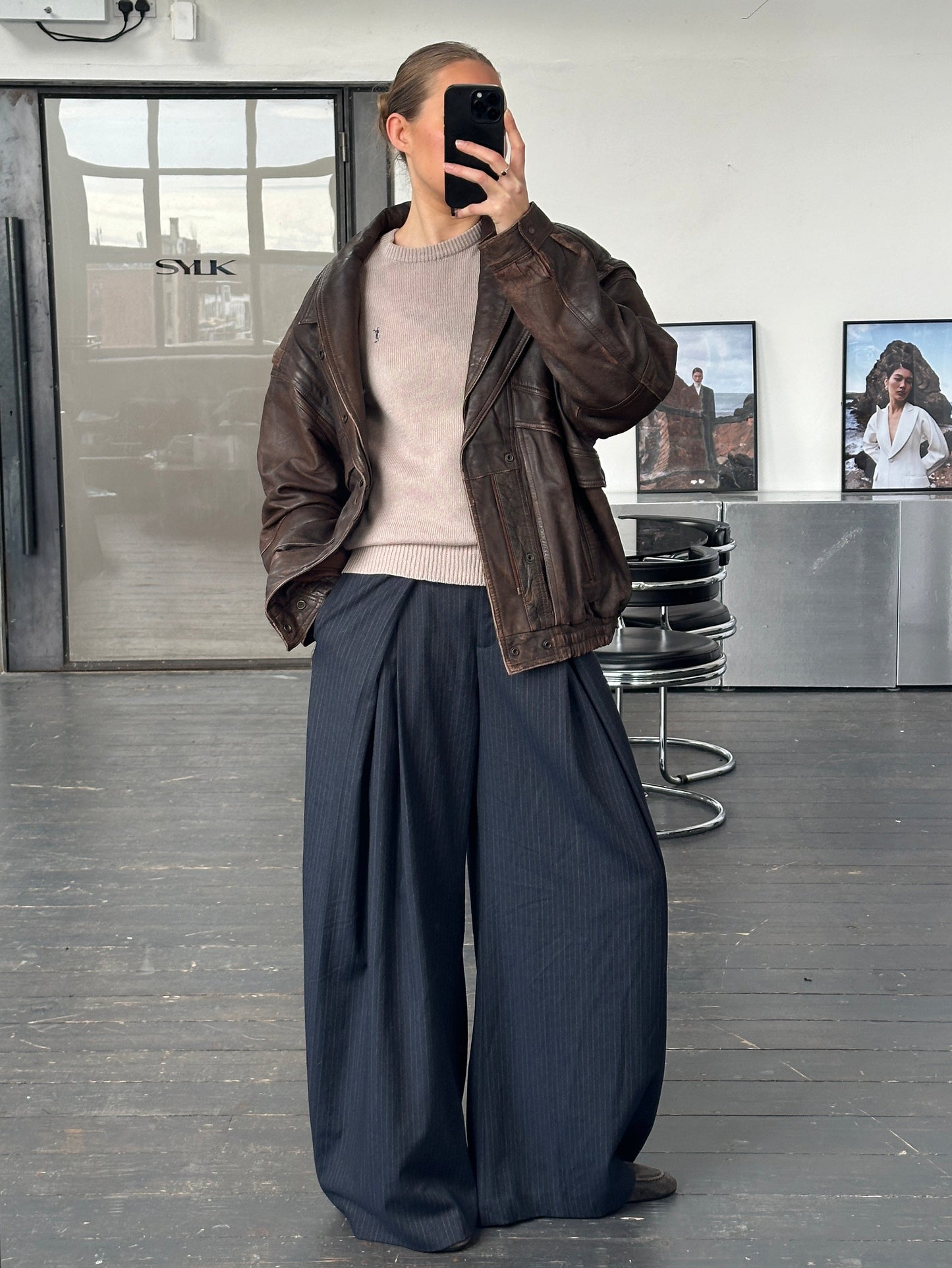 Vintage 1990s Aged Double Collar Leather Bomber Jacket - XL