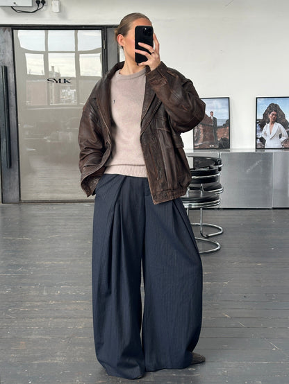 Vintage 1990s Aged Double Collar Leather Bomber Jacket - XL