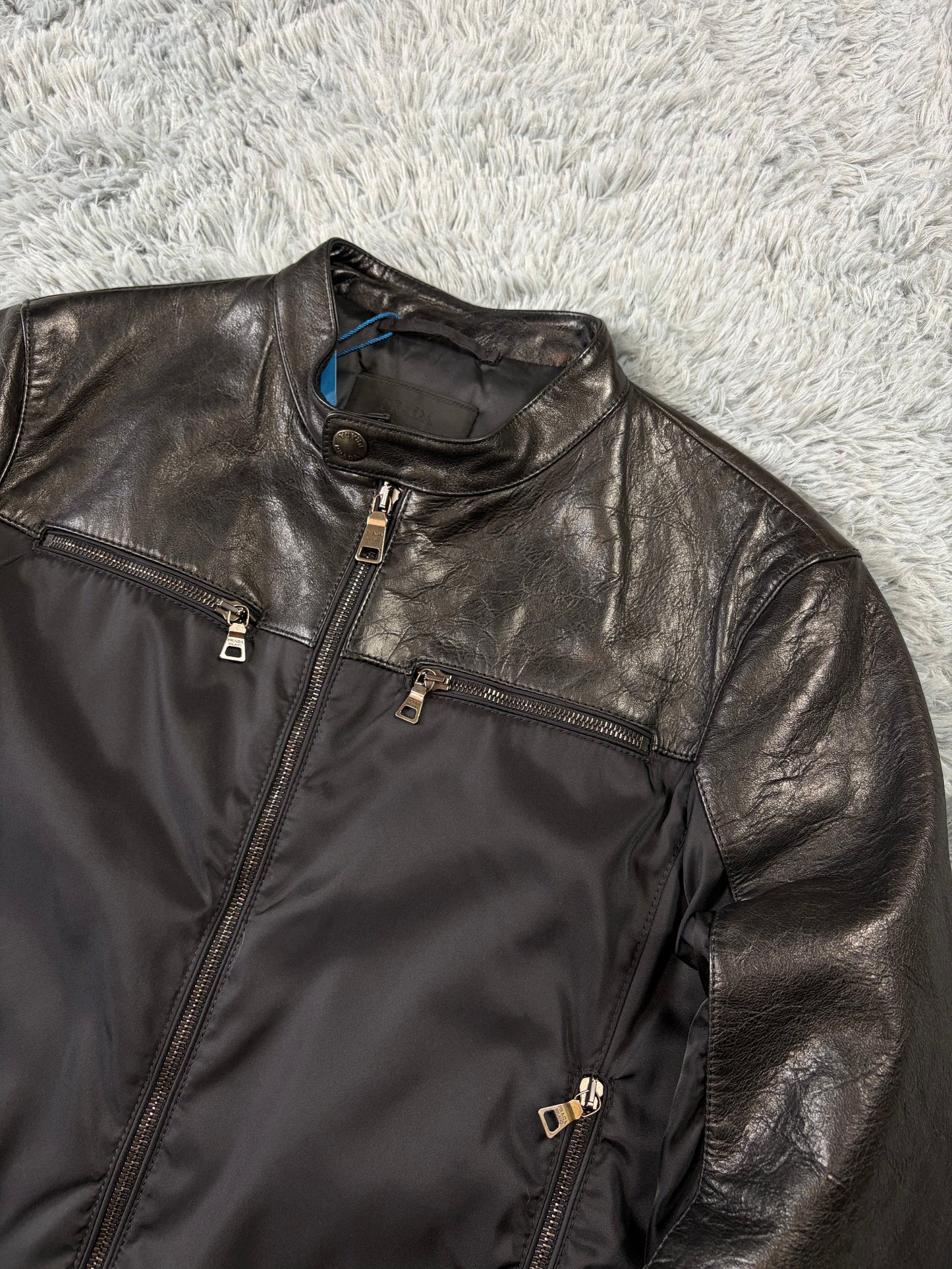 Prada Milano 2011 Gabardine Nylon Leather Hybrid Biker Jacket - S/M | O/S, Black
