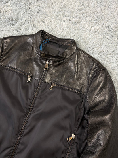 Prada Milano 2011 Gabardine Nylon Leather Hybrid Biker Jacket - S/M | O/S, Black