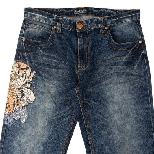 Vintage Big Train Embroidered Koi Fish Japanese Denim Jeans Size W36