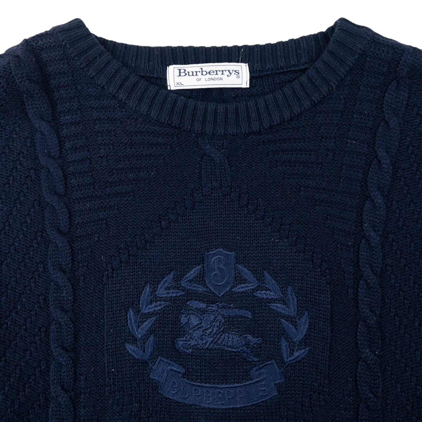Vintage 90s Burberry Embroidered Wool Cable Knit Jumper Size XL | XL, Navy