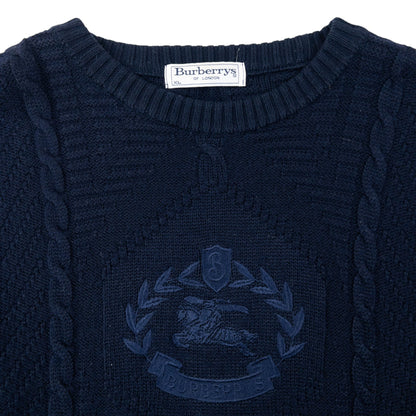 Vintage 90s Burberry Embroidered Wool Cable Knit Jumper Size XL | XL, Navy