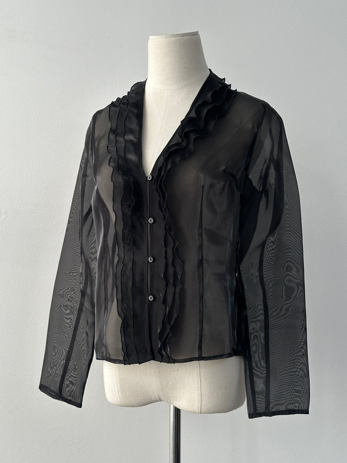Vintage 1990s sheer ruffle shirt in size small, featuring lightweight fabric and elegant ruffle details, from the Vintage brand.