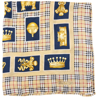 Vintage 80s Burberry Nova Check Royal Print Silk Scarf | O/S, Beige, Navy, Gold, Red