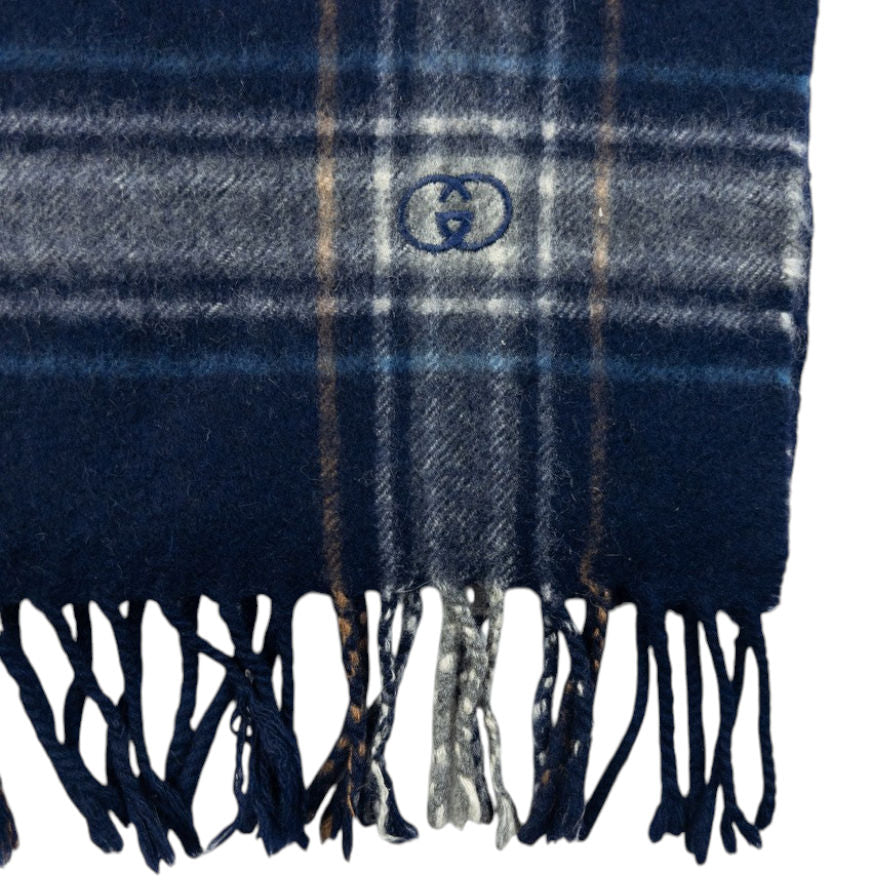 Vintage 80s Gucci Checkered Cashmere Tassel Scarf | O/S, Navy