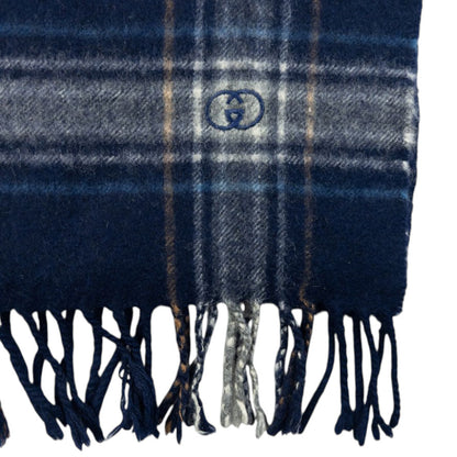 Vintage 80s Gucci Checkered Cashmere Tassel Scarf | O/S, Navy