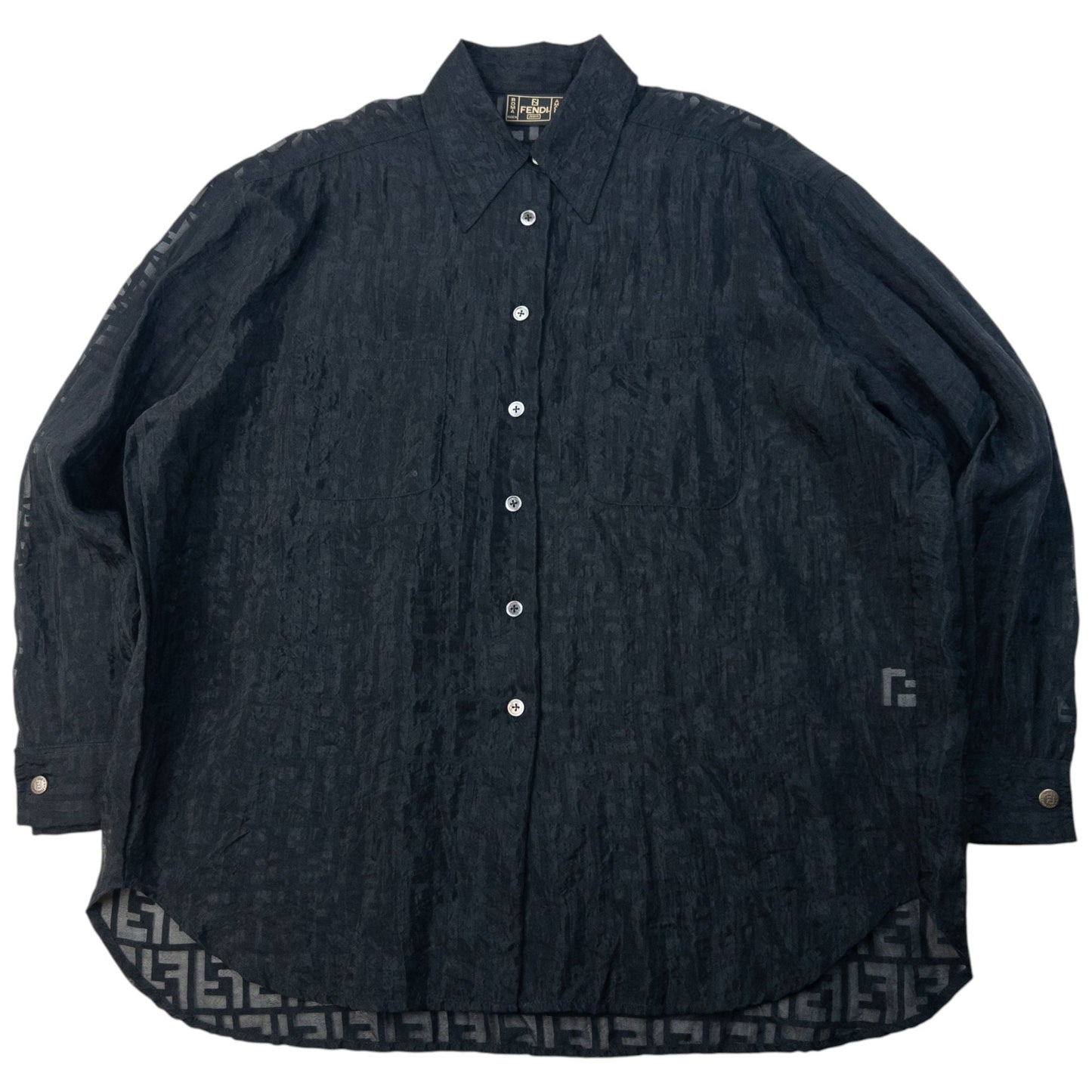 Vintage 90s Fendi Sheer Monogram Long Sleeve Button Up Shirt Size XL | XL, Black