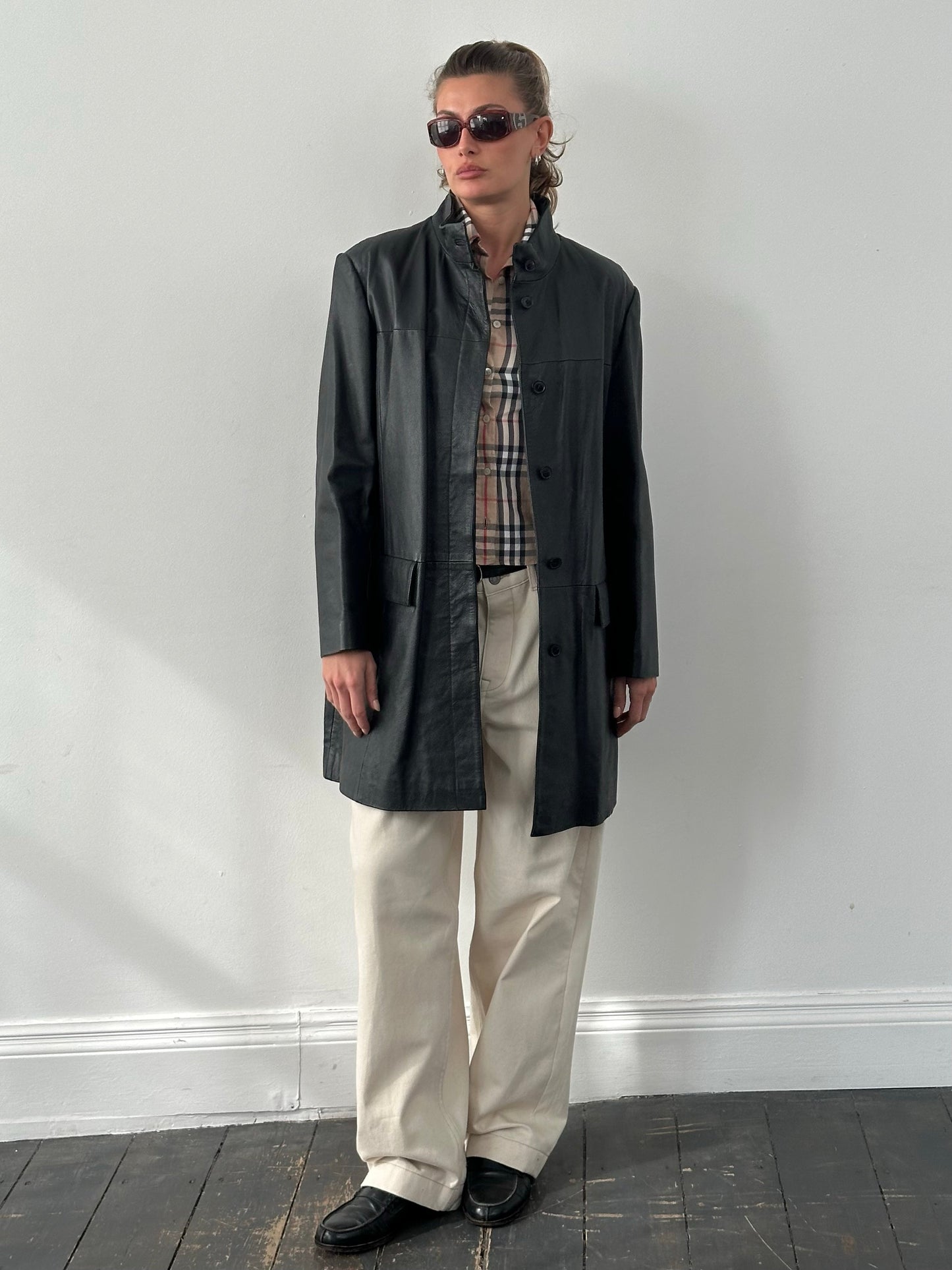 Vintage 1990s Collarless Leather Trench Coat - L/XL