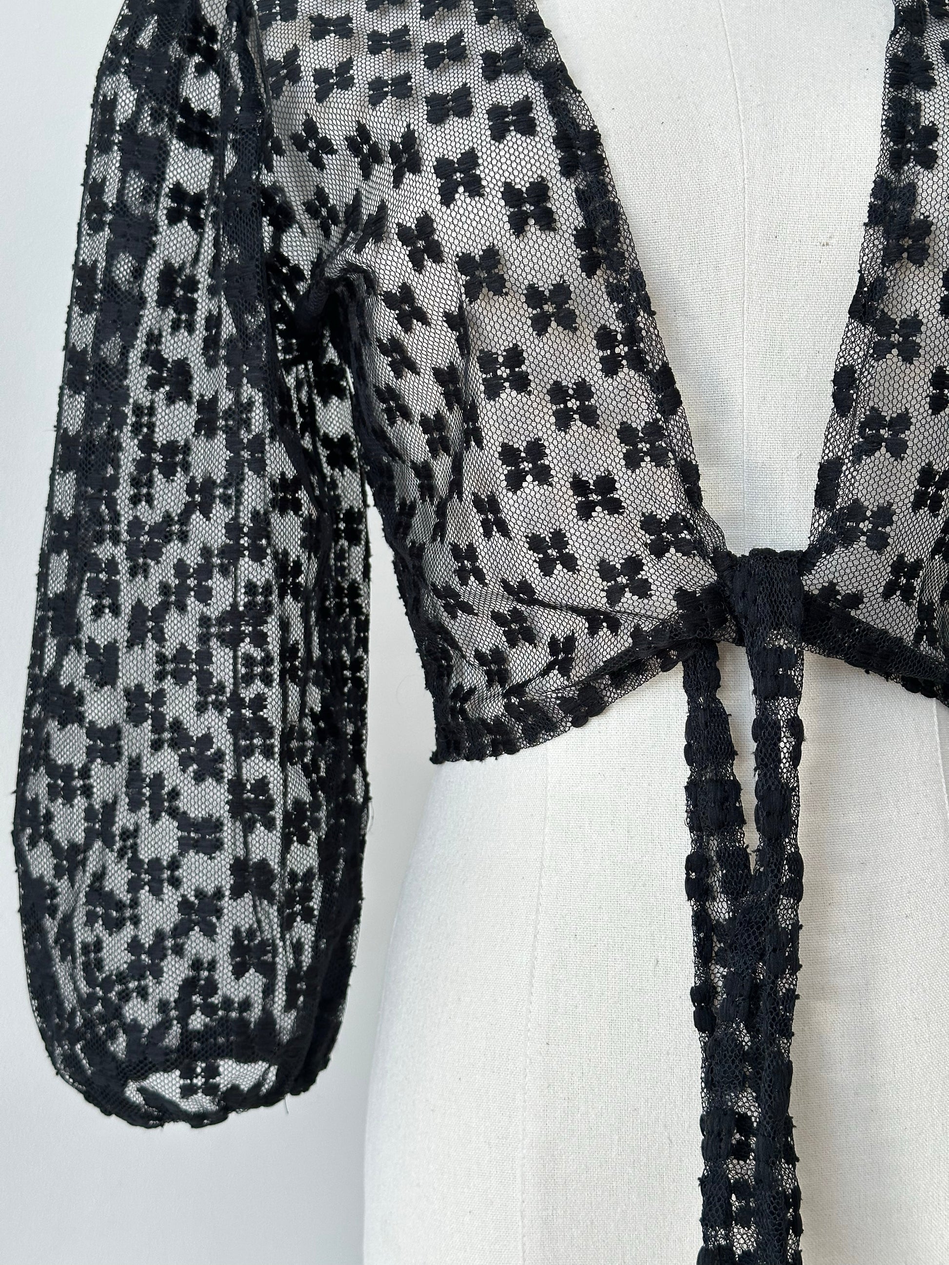 Vintage 1990s Sheer Puff Sleeve Tie Cardigan - S-M
