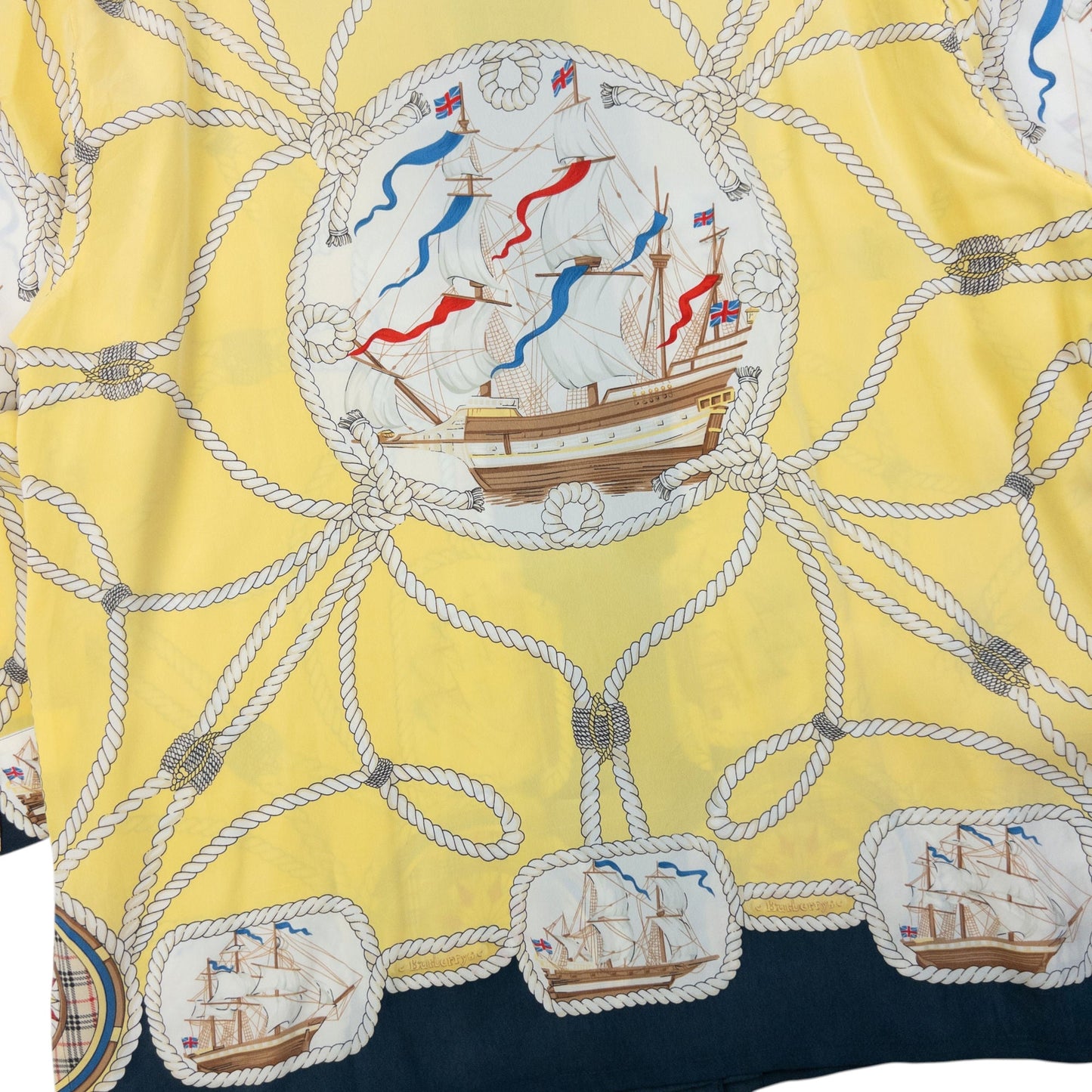 Vintage 80s Burberry Nautical Rope Ship Long Sleeve Button Up Silk Shirt Size L | Large, Yellow