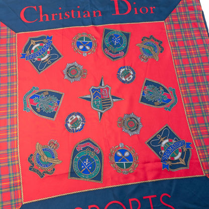 Vintage 90s Dior Tartan Badge Print Silk Scarf | O/S, Red