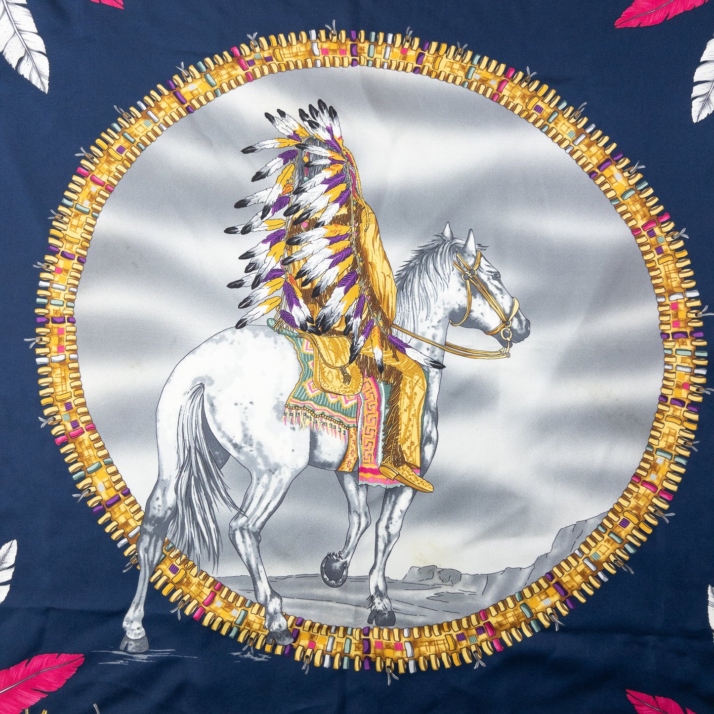 Versace Native American Print Silk Scarf | O/S, Navy Blue, Gold, Red, White, Yellow