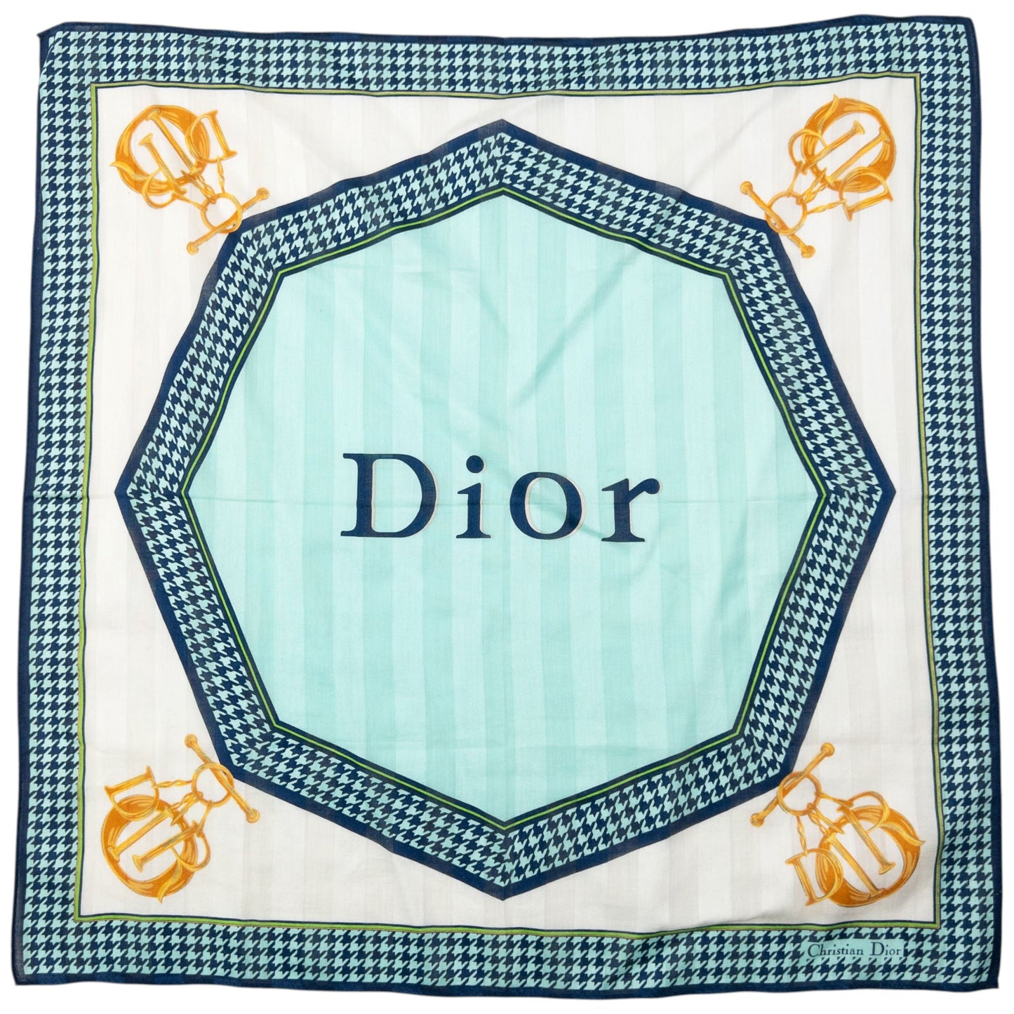 Vintage 90s Dior Houndstooth Silk Scarf | O/S, Blue, White, Yellow