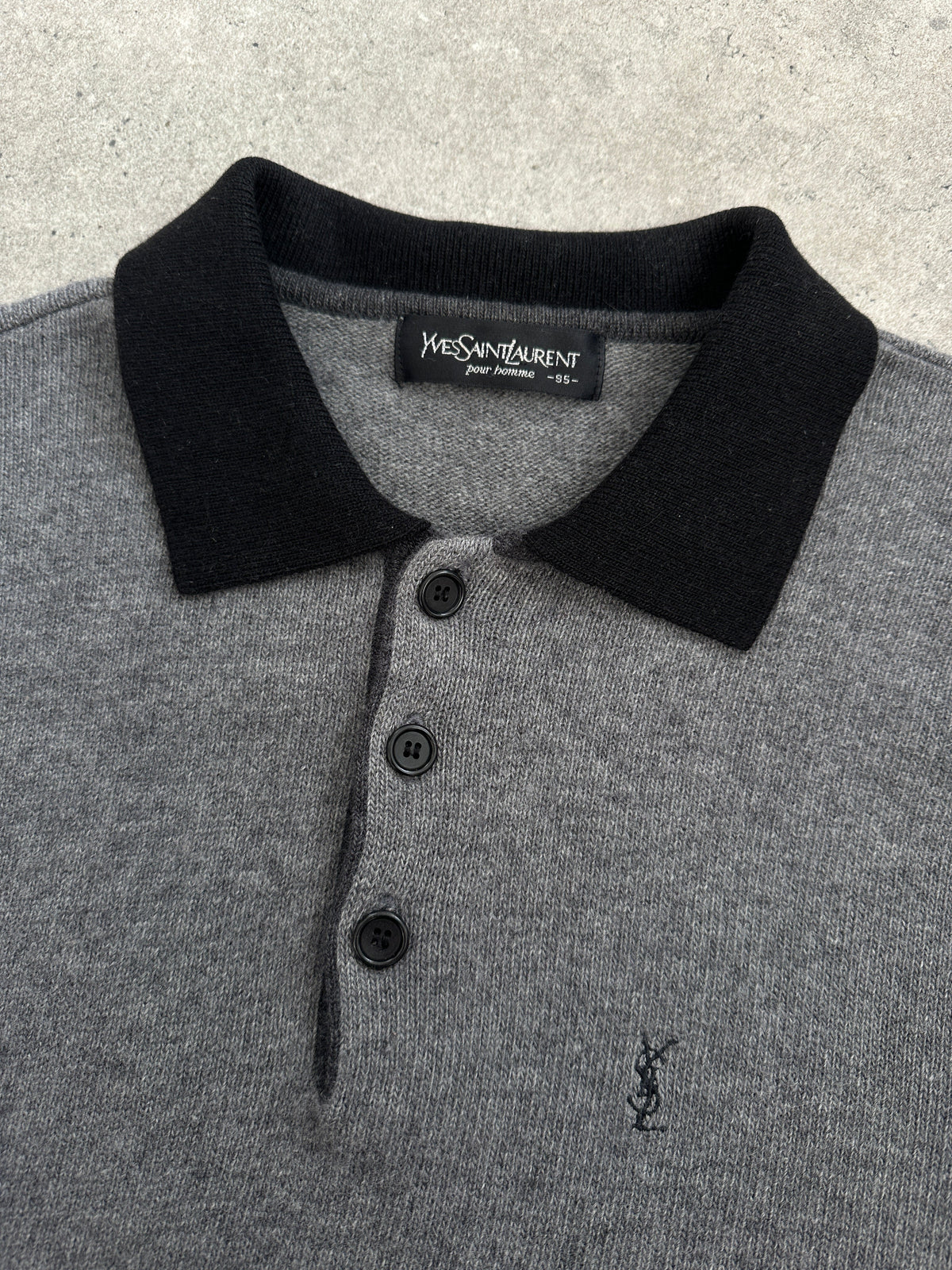 Yves Saint Laurent 1990s wool polo jumper in size S-M, featuring classic design and textured knit fabric.
