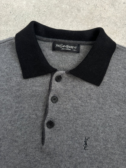 Yves Saint Laurent 1990s wool polo jumper in size S-M, featuring classic design and textured knit fabric.