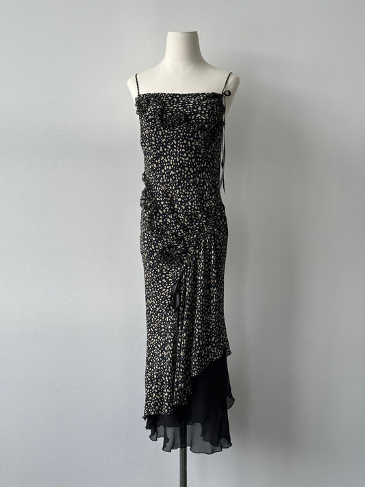 Vintage 2000s Silk Asymmetric Ruffle Print Dress - S-M