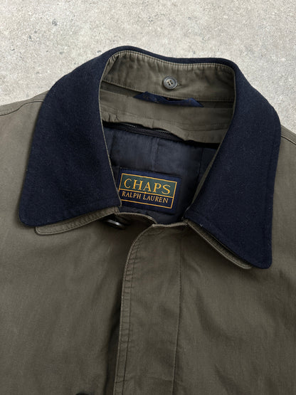 Ralph Lauren Chaps 1990s wool collar cotton trench coat, size L, featuring classic design and button details.