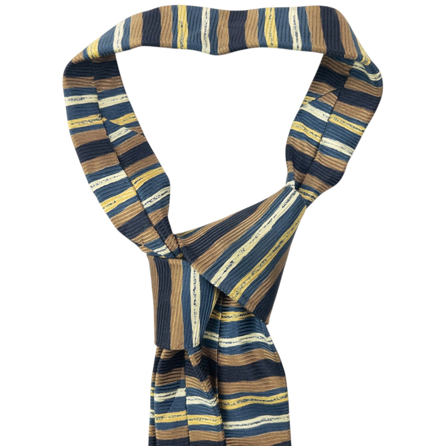 Vintage 90s Issey Miyake Striped Silk Tie | O/S, Navy, Yellow, Brown