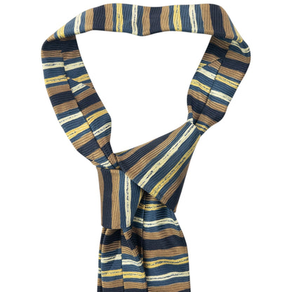 Vintage 90s Issey Miyake Striped Silk Tie | O/S, Navy, Yellow, Brown