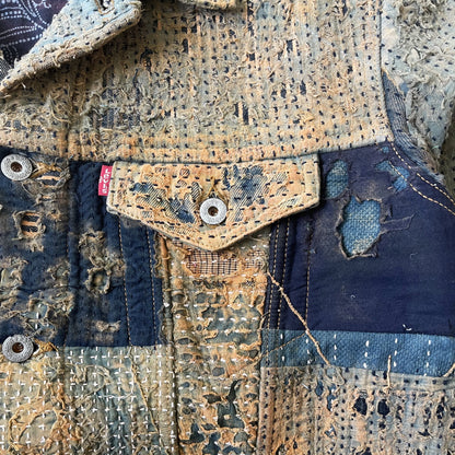 Boro Sashiko Distressed Denim Trucker Jacket - XL