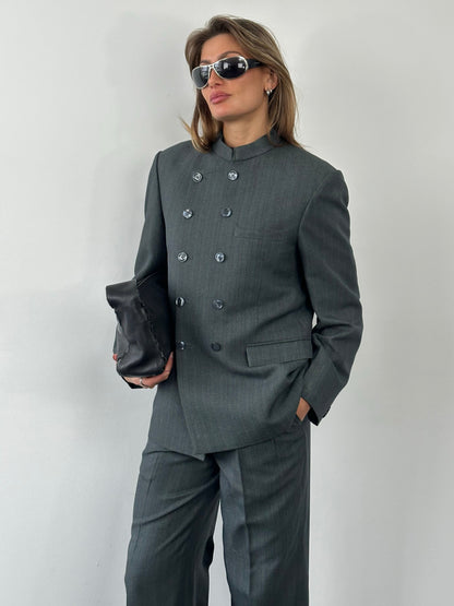 Vintage 1990s Stand Collar Double Breasted Stripe Suit - 38R/W29