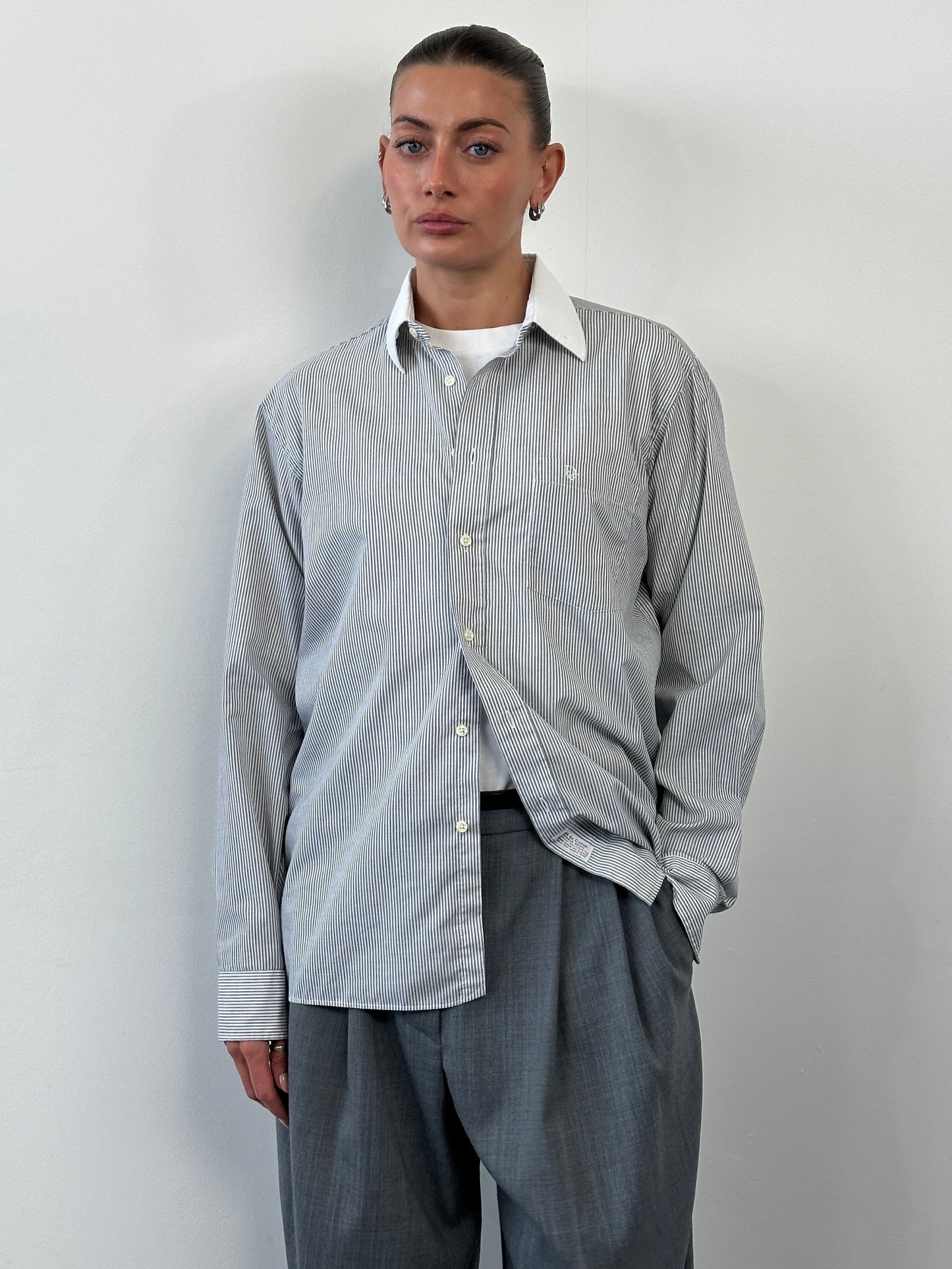 Christian Dior Chemise 1990s Cotton Stripe Logo Shirt - L