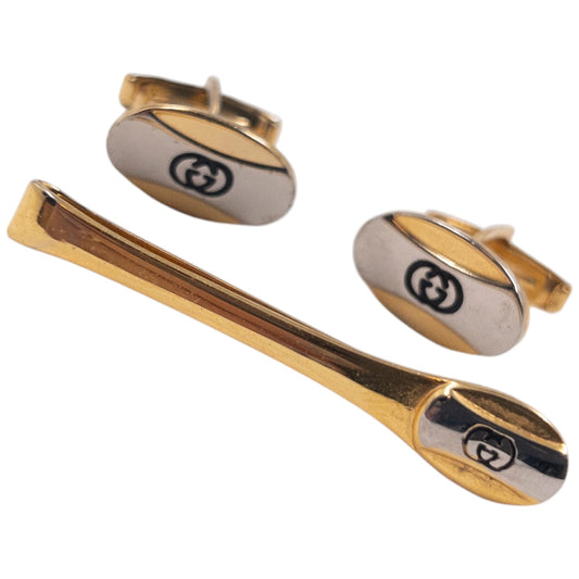 Vintage 90s Gucci Embossed Cufflinks & Tie Clip Set | O/S, Gold