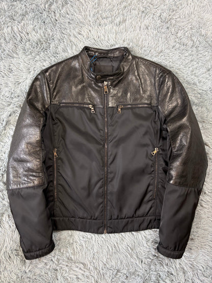 Prada Milano 2011 Gabardine Nylon Leather Hybrid Biker Jacket - S/M | O/S, Black