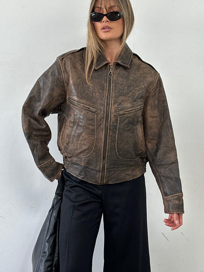 Vintage Distressed Leather Bomber Jacket - M/L - Known Source