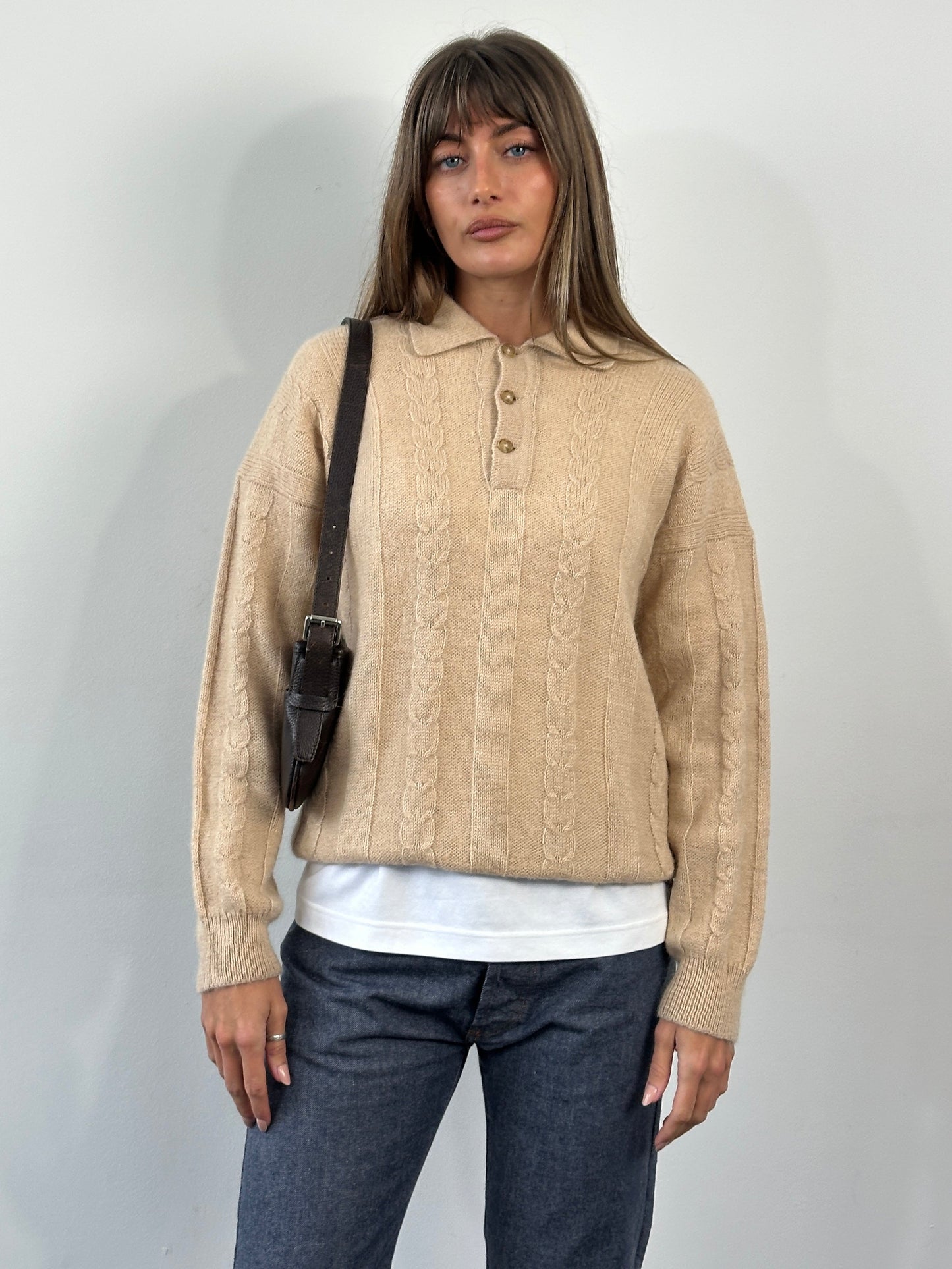 Vintage 1980s Wool Mohair Knitted Polo Jumper - M