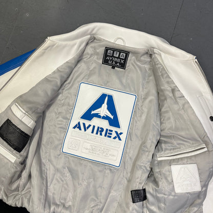 Avirex Fighter Jet Leather Jacket In White & Blue ( L )