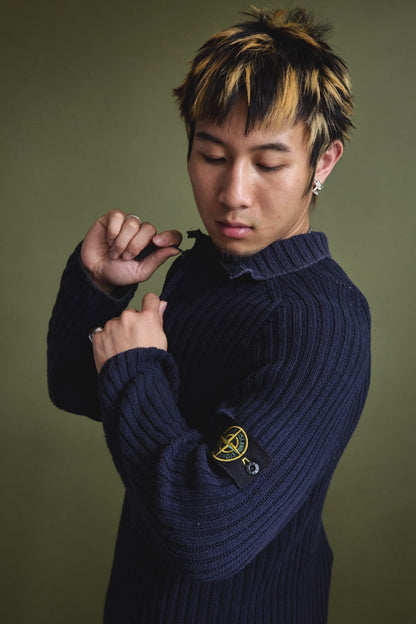 Stone Island Ribbed Cotton 1/4 Zip Knit Sweater