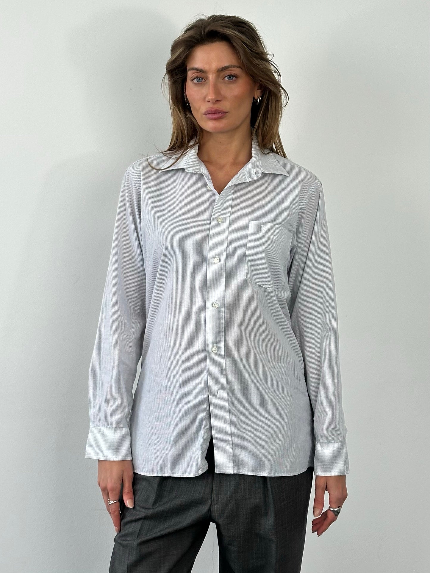 Christian Dior Monsieur 1990s cotton striped logo shirt in white and navy, men's size M, with classic button-down design.