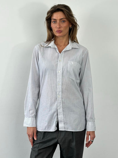 Christian Dior Monsieur 1990s cotton striped logo shirt in white and navy, men's size M, with classic button-down design.