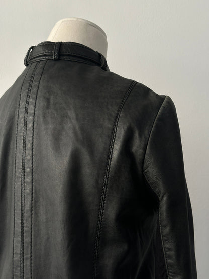 Vintage 2000s fitted moto leather jacket in lamb leather, XS size, featuring classic design and detailed stitching.