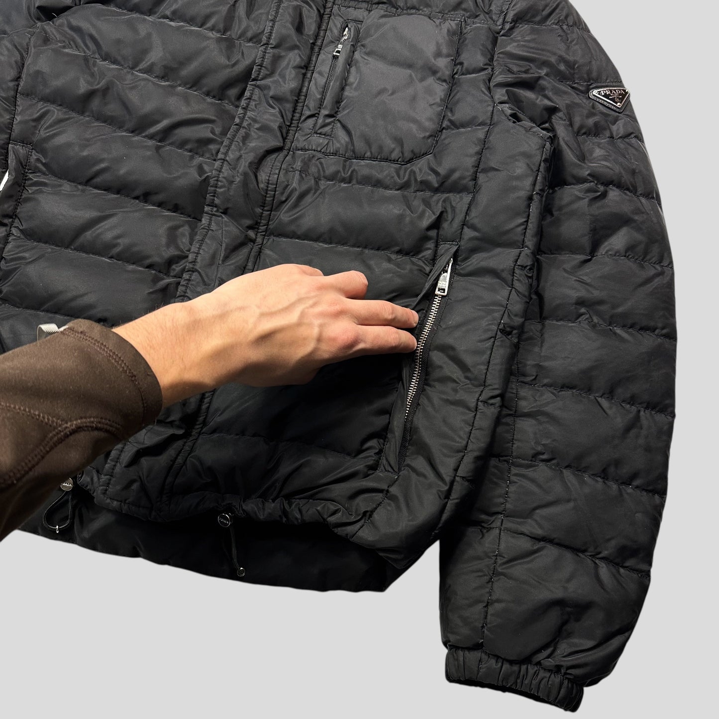 Prada 2018 Nylon Down Tri-Pocket Plaque Logo Puffer - S/M