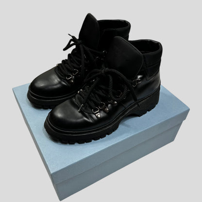 Prada Milano 90’s Leather + Nylon Combat Boots - UK4 | Black