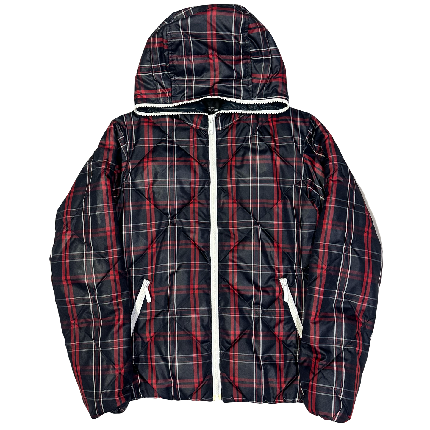 Takeo Kikuchi Diamond Stitch Plaid Puffer Jacket In Navy & Red ( M )