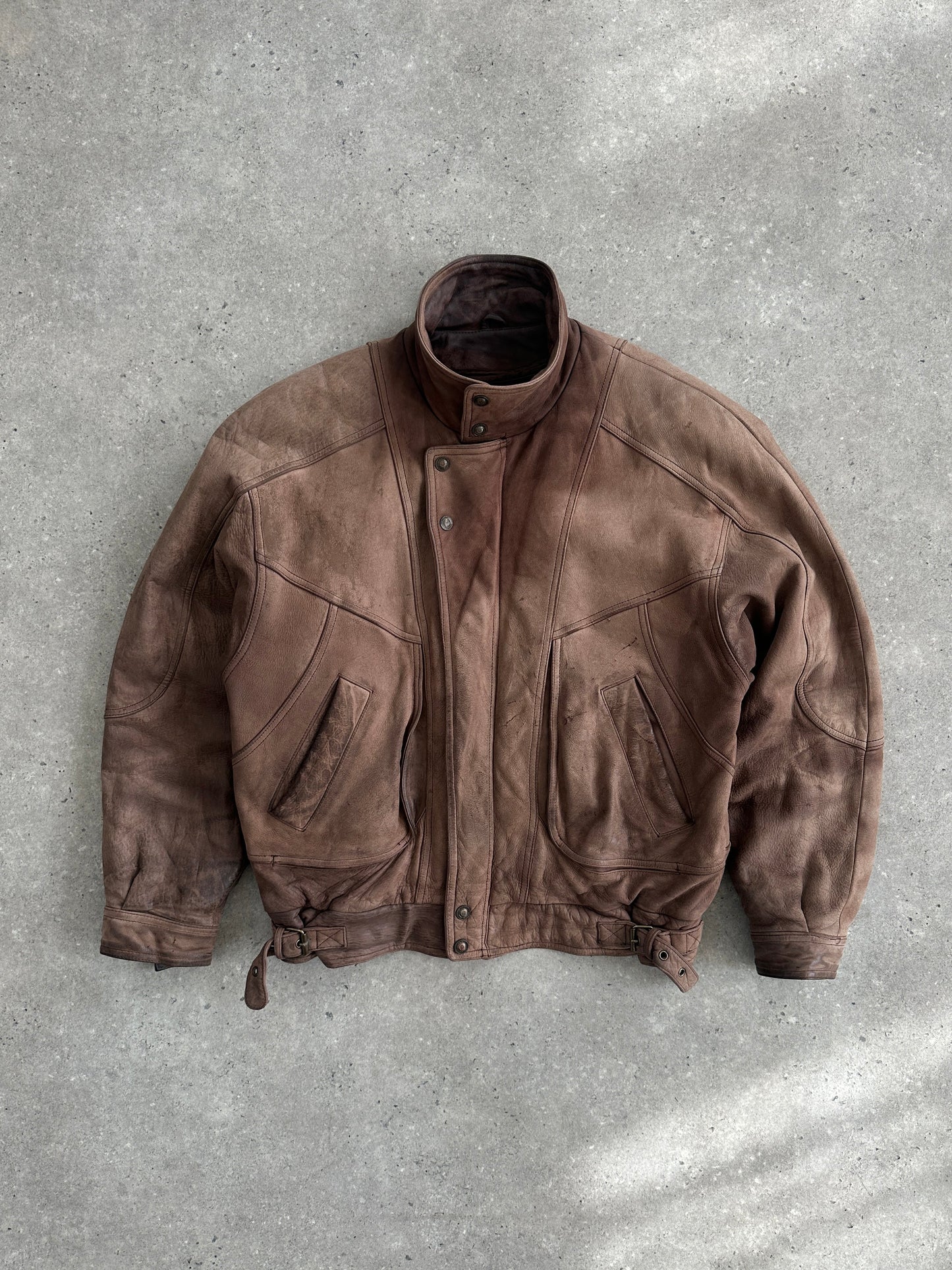 Vintage 1990s High Neck Aged Leather Bomber Jacket - L