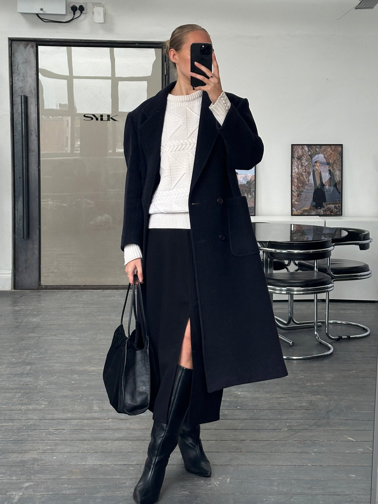 Burberry 1990s Herringbone Wool Double Breasted Coat - M/L