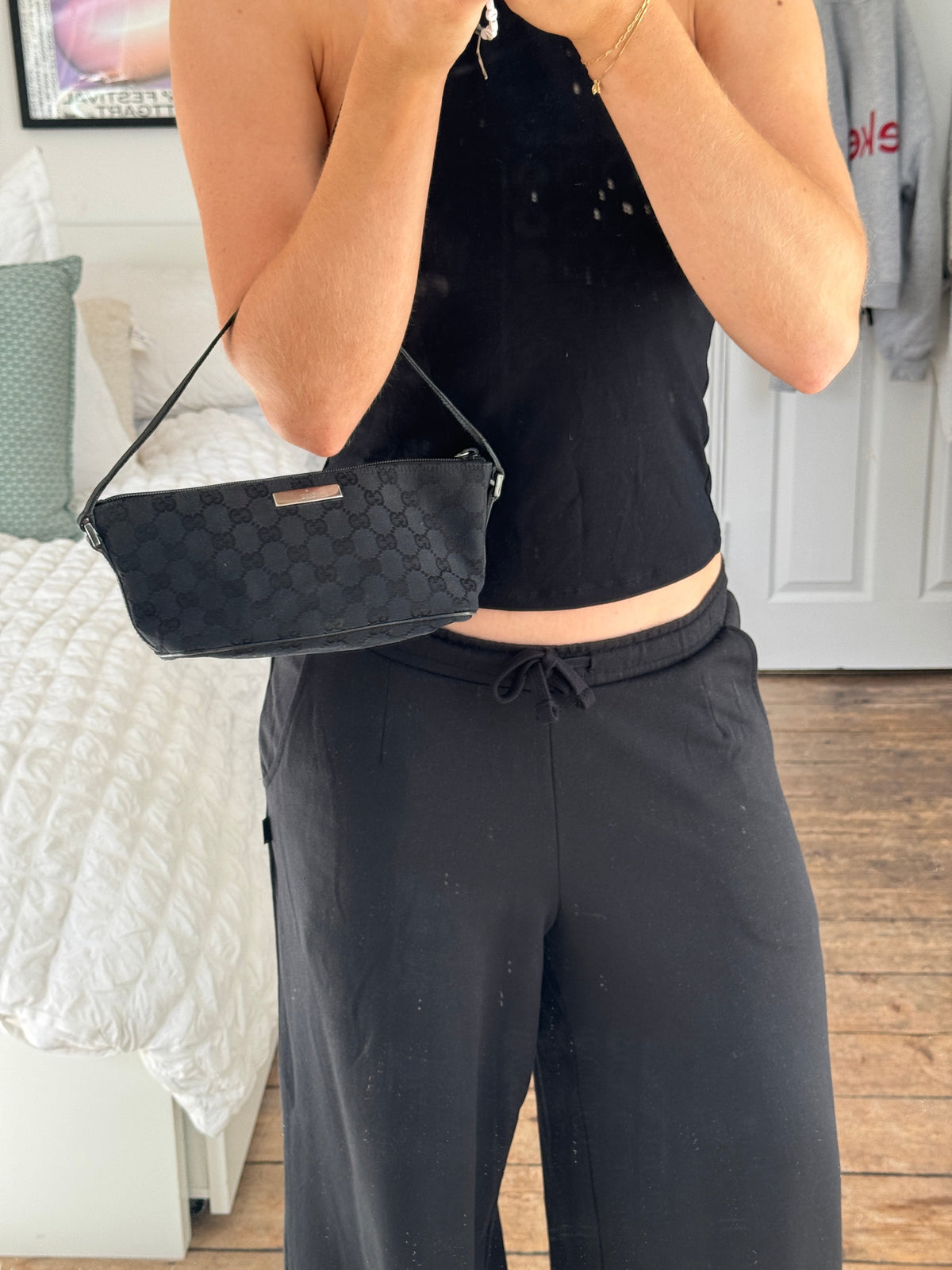 90s Gucci GG Black Monogram Pochette Boat Bag | O/S, Black